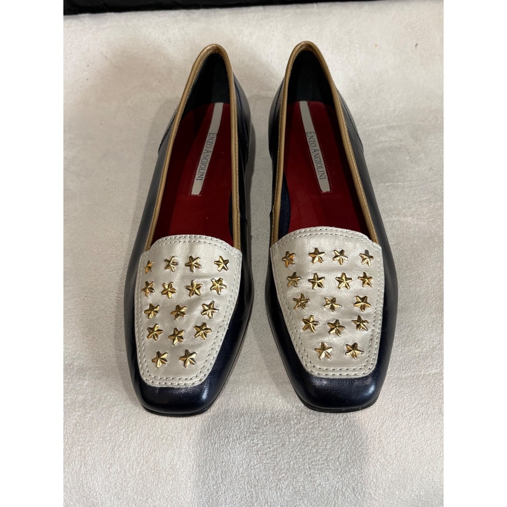Enzo Angiolini Navy Leather Star Studded Loafers Square Toe Flats Womens 8N